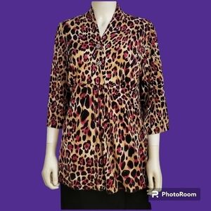 NICOLE MARIE Pink Cheetah Leopard Disco Sequin Peplum Quarter Sleeve Blouse